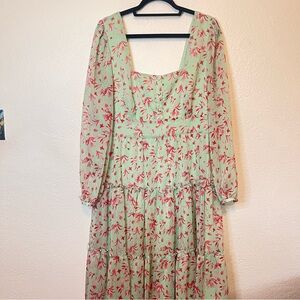 Chelsea 28 Floral Green Women's Peasant Tiered Long Sleeve Top Dress Size XL